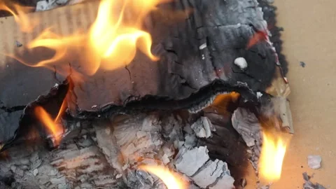 Close-up of charred paper edges engulfed in flickering orange flames atop a card Video stock 309651334