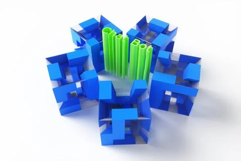 Close-up of a chat bot concept in a futuristic cube on a white background. 3d Stock Illustration