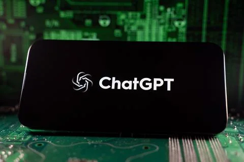 Close up of ChatGPT logo on device with circuit board background. Toronto, Stock Photos