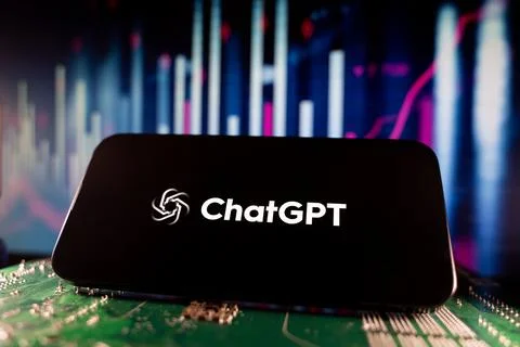 Close up of ChatGPT logo on smartphone screen with technology and financial Stock Photos