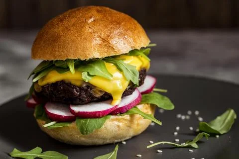Close up cheeseburger board Stock Photos