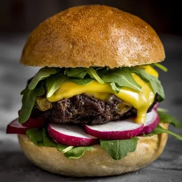 Close up cheeseburger counter Stock Photos