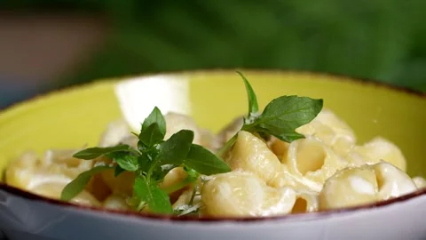Close-up of cheesy shell pasta with green basil leaves on top, served in a vibra Stock Footage 310930064