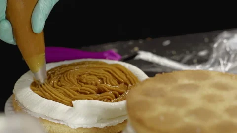 Close-up, Chef Applies Fruity Jam to Biscuit Cake at Restaurant Kitchen Stock Footage 141081994