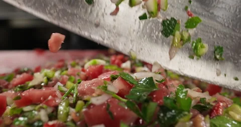Close-up chef chopping vegetables with big knife or axe. Professional male Stock-Footage 298269416