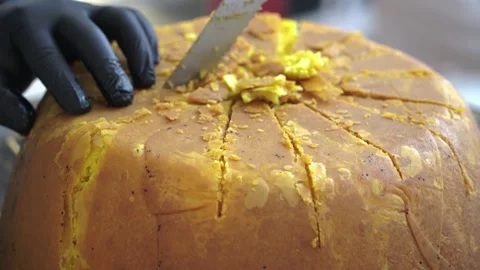 Close-Up of Chef Cutting Crispy Shell Revealing Pilaf Stock Footage 321704803