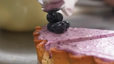 Close-Up Chef Decorating Fresh Blueberry Mousse Tart with Fresh Berries Stock Footage 337751208