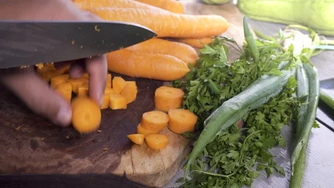 Close Up Of Chef Hands Cooking And Sliced And Grated Carrots In The Kitchen. Stock Footage 98118591