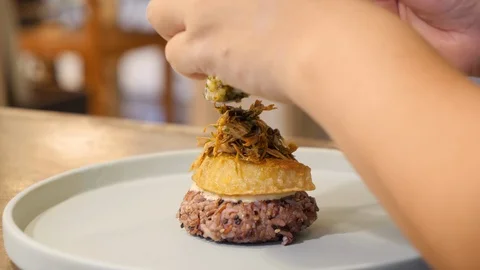 Close up of chef hands making food styling of malaysian dish in kitchen Stock Footage 146545108