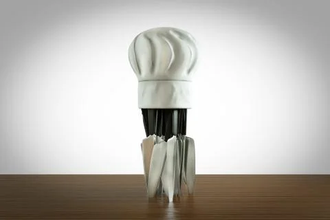 Close up of chef hat with a group of chef's kitchen knife i Stock Illustration