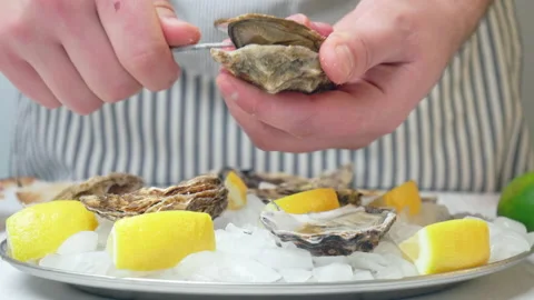 Close-up Chef preparing fresh Oysters from crushed ice by opening with a knife. Stock Footage