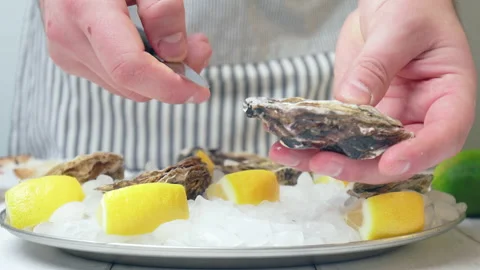 Close-up Chef preparing fresh Oysters from crushed ice by opening with a knife. Stock Footage 146255431