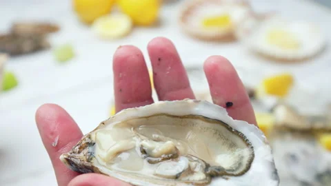 Close-up Chef preparing fresh Oysters from crushed ice by opening with a knife. Stock Footage 146319756