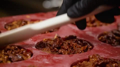 Close-up of Chef Preparing Fresh Walnut Dessert Pies in Silicone Baking Molds Stock Footage 337751608
