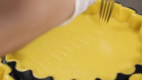 Close-up of Chef Pricking Raw Dessert Pie Crust with Fork in Fluted Tart Pan Stock Footage 337751726