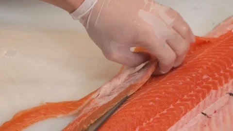 Close-up of Chef Slicing Fresh Salmon Fillet with Sharp Knife Stock Footage 333489095