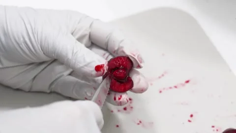 Close-up of Chef in White Gloves Slicing a Fresh Red Cherry, Food Preparation Stock Footage 343020401
