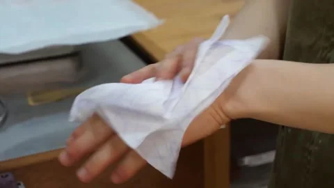 Close-up of Chef Wiping Hands with White Towel in Kitchen Stock Footage 345292497
