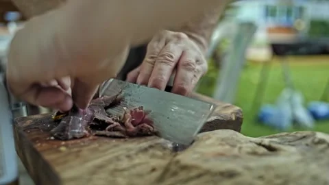 Close up of chef's hands slicing a cooked brisket on wooden tray  at the park Video stock 278616933