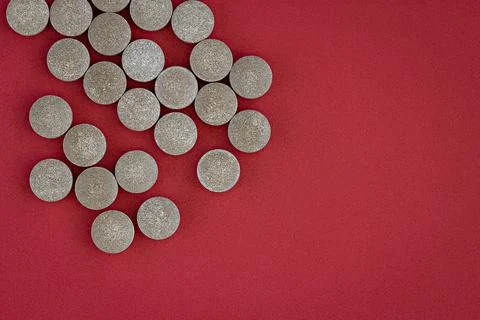 Close-up of chelated iron tablets, with negative space. dietary concept. Stock Photos