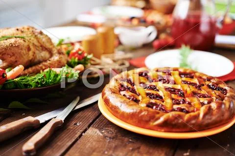 Close-up of cherry pie at thanksgiving table Stock Photos