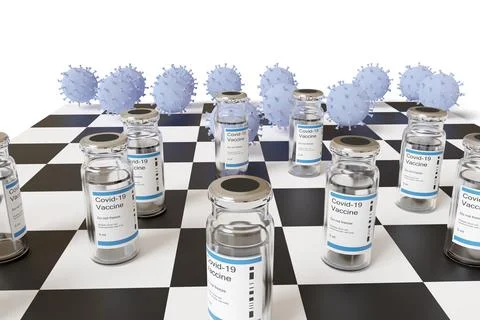 Close-up of chess game between vaccines and coronavirus. 3d illustration. Stock Illustration