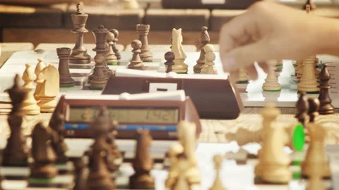 Close-up chess game, make moves and press the chess timer button, blur Stock Footage 160791753