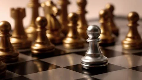 Close up chesses strategy concept of silver and gold chess on classic board. Stock Photos