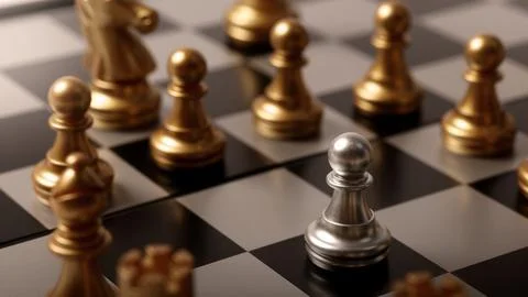 Close up chesses strategy concept of silver and gold chess on classic board. Stock-Fotos