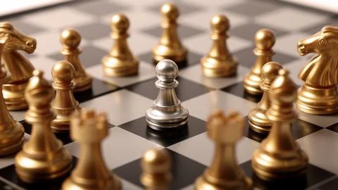 Close up chesses strategy concept of silver and gold chess on classic board. Stock Photos