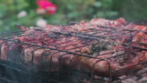 Close-up chicken with herbs flipping over coals with smoke and hot air Stock Footage 157630804