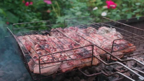 Close-up chicken with herbs roasting on coals with smoke and hot air Stock Footage 157630840