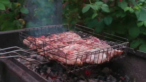 Close-up chicken with herbs roasting on coals with smoke and hot air Stock Footage 157653376