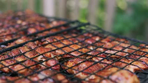 Close-up of chicken pieces cooking on a barbecue grill outdoors Stock Footage 340263823