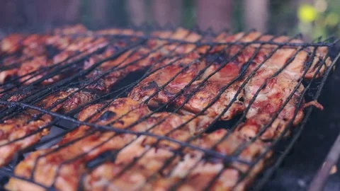 Close-up of chicken pieces grilling on an outdoor barbecue grate Stock Footage 340263932