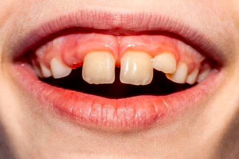 Close-up of child of eight years with the problem of not loosing his baby teeth Stock Photos