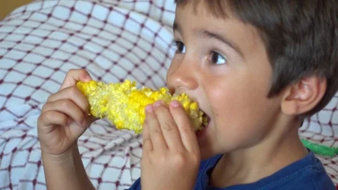 Close up child hungrily bite the rest of boiled corn Stock Footage 93985034