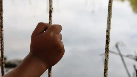 Close up of a child's hand playing with an iron fence Stock Footage 304773026