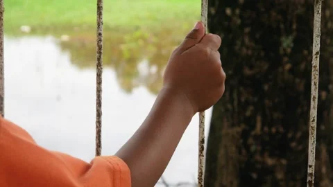 Close up of a child's hand playing with an iron fence Stock Footage 304773029