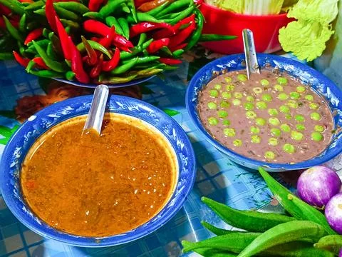 Close-up of chili paste, fermented fish paste, and shrimp chili paste. Foto stock