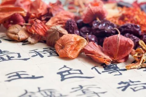 Close-up of Chinese Herbs and Script Stock Photos