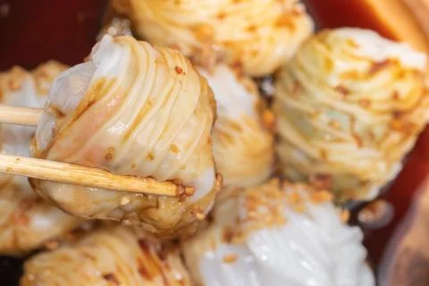 Close up of Chives Dumpling or Gui Chai in Thai with sauce Stock Photos