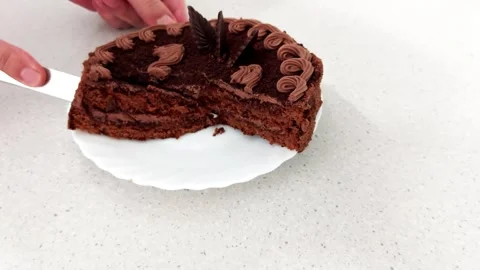 Close-Up of Chocolate Cake Slice Being Lifted from Frosted Dessert Video stock 317371076