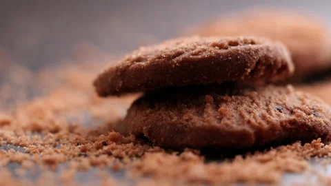 Close-up Chocolate chip cookies falling, dropping into table, slow motion Stock Footage 230000666