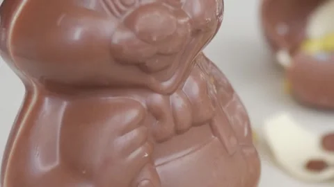 Close-Up of Chocolate Easter Bunny in Festive Holiday Spirit Stock Footage 333111547