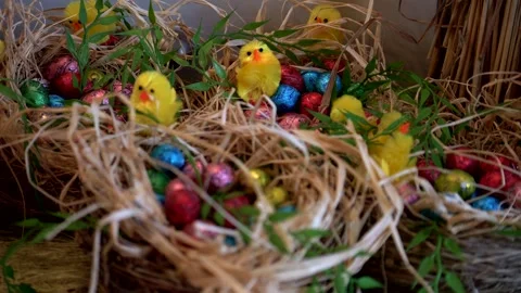 Close up chocolate eggs in straw baskets with Easter chicks inside. Video 4K Vidéo 331450836