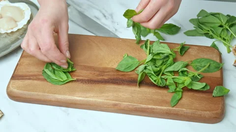 Close-up of chopping and sorting basil leaves on a cutting board in 4K. Stock Footage 142823209