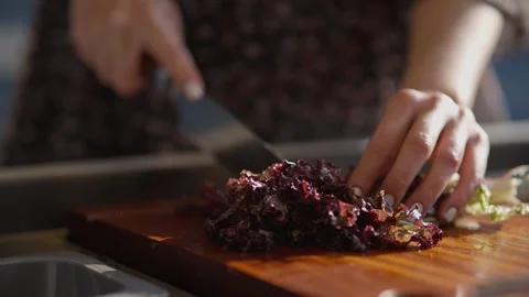 Close Up of Chopping Fresh Red Leaf Lettuce on Wooden Board Stock Footage 336466769