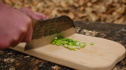 Close up of chopping green onion in forest at early spring Stock Footage 303371769