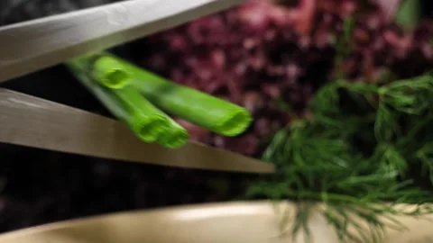 Close-Up of Chopping Green Onion with Kitchen Scissors Stock Footage 311543907
